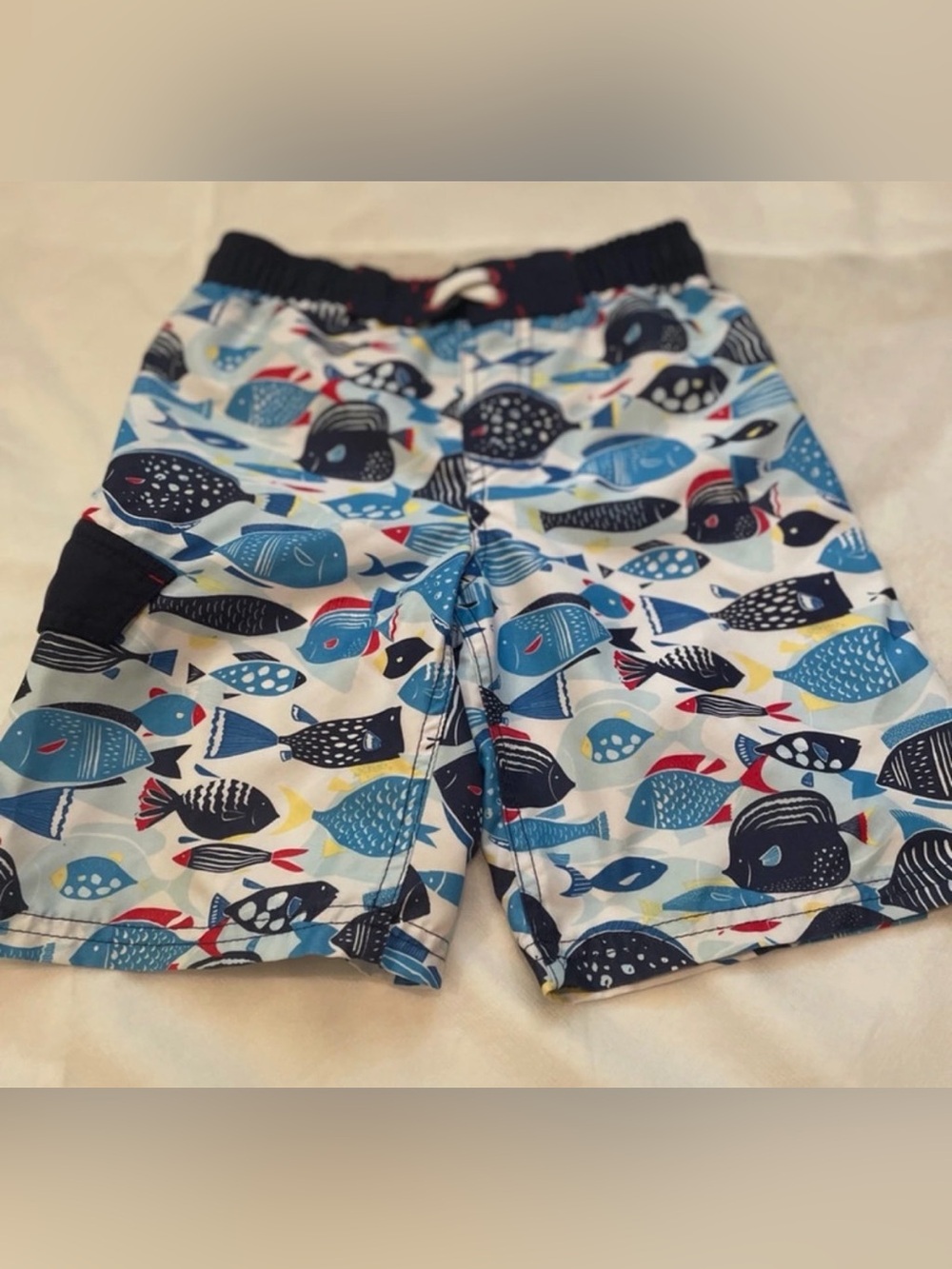 Cat & Jack Boys 6/7 Fish Print Swim Trunks Blue White Beach Swim Shorts